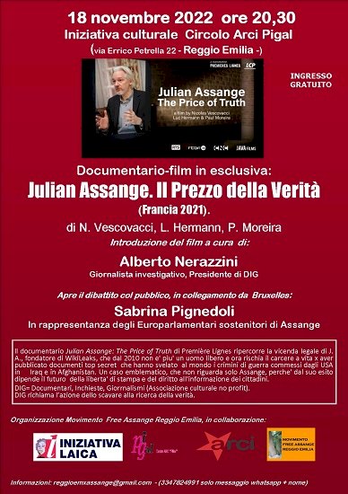 Reggio Emilia, venerdì 18 novembre proiezione del film-documentario “Julian Assange. Il prezzo della verità”